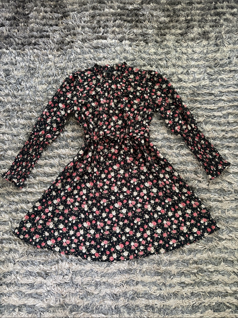 New! Black Floral Long-Sleeve Dress with Pink and Cream Roses XS
